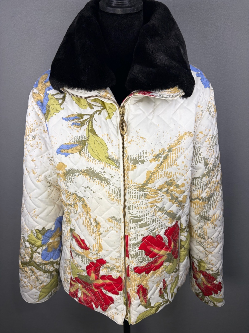 Obermeyer Quilted Floral Puffer Jacket with Black Faux Fur Collar - White/Multi